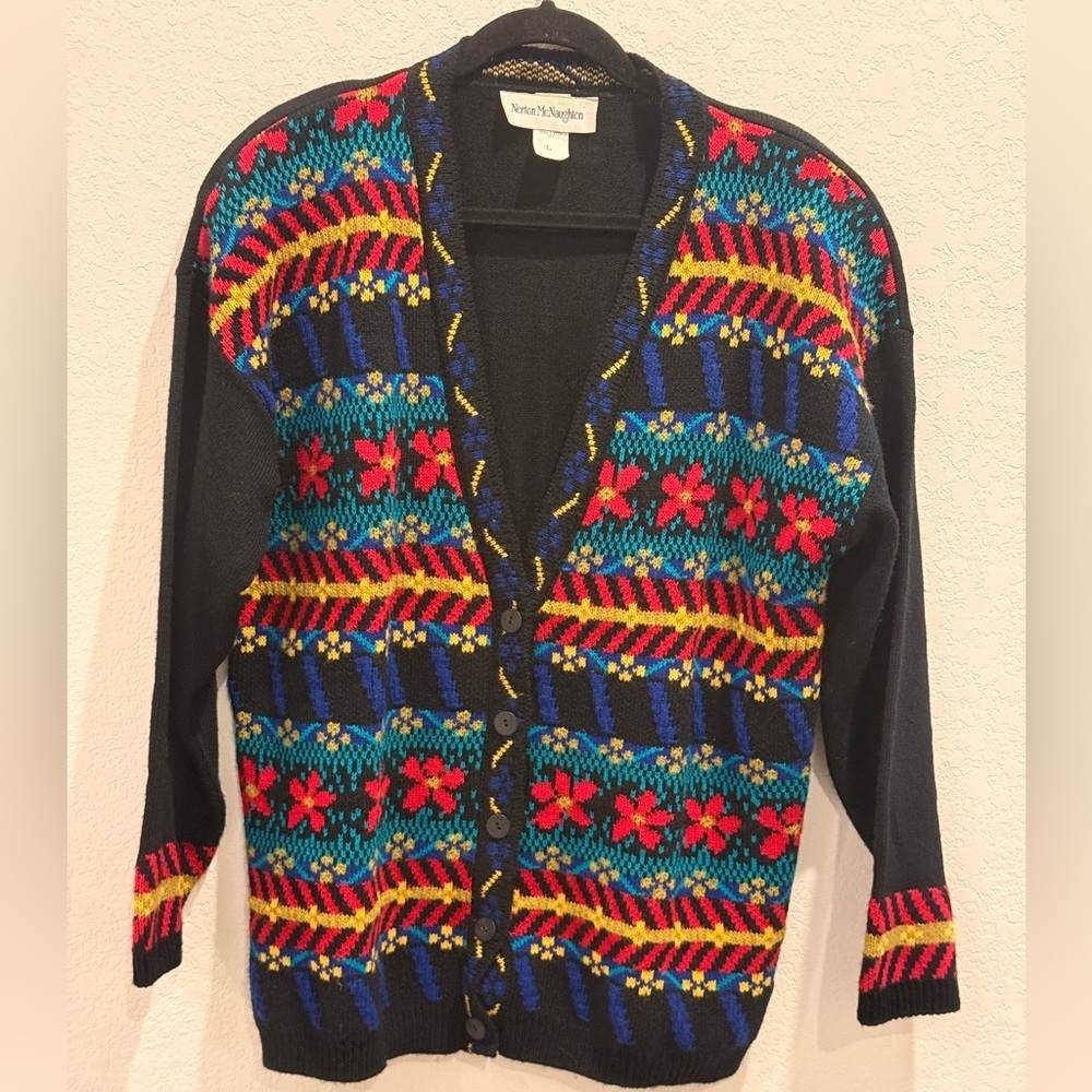 Norton‎ McNaughton Black Multicolor Patterned Cardigan